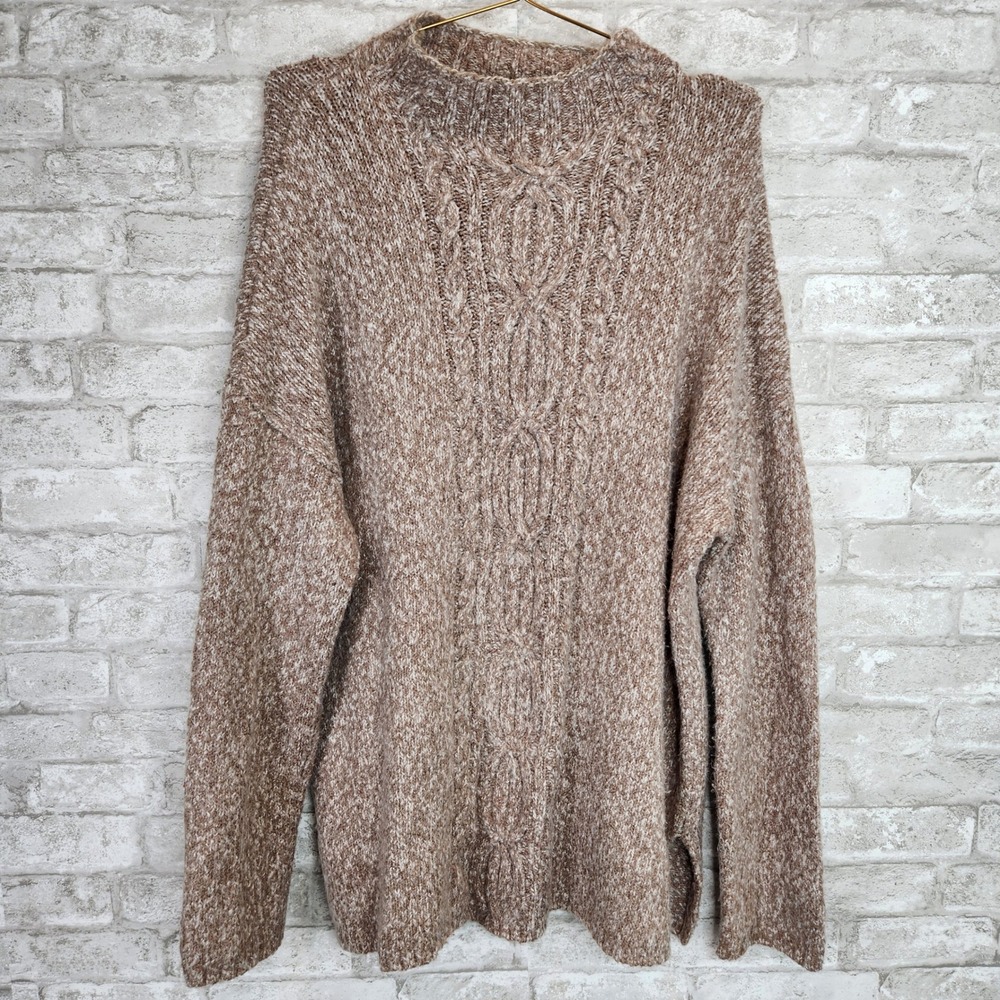 J. Jill‎ Sweater Cable Knit Marled Brown Cotton Blend Mock Neck Tunic Large